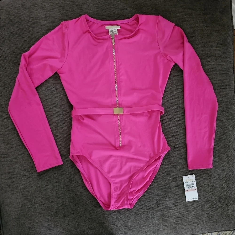Michael Kors Pink long Sleeve Zip Up Logo Belt One Piece Paddle Swimsuit Size 8
